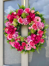 Luxury artificial bright pink and green hydrangea wreath year round