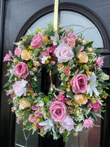 Large Luxury pink and lemon Lily and Rose Year Round Wreath