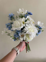 Boho bridal bouquet in blue and white