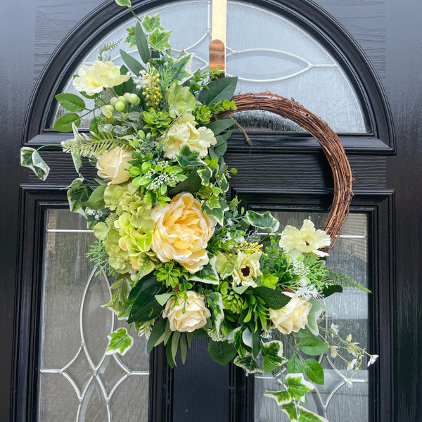Luxury artificial lemon peony and rose year round half wreath