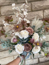 Mocha Mirage luxury artificial flower arrangement featuring neutral tones of mocha and cappuccino blooms in an elegant display.