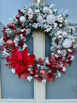 Extra large luxury artificial Christmas wreath snowy white and red