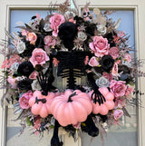 Extra large luxury skeleton Halloween wreath pink and black
