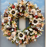 60cm luxury artificial autumn wreath full of cream and brown tones with pumpkins, and cream sunflowers