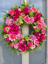 Luxury artificial bright pink and green hydrangea wreath year round