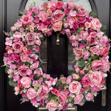 Stunning full pink rose wreath showcasing various shades and sizes, perfect for year-round elegance.