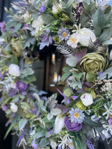 Large 60cm luxury year-round wreath featuring lavender, white ranunculus, hops, and lambs ear with silver accents.