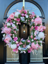 Extra large artificial Christmas reef in pink with large baubles, roses, berries with lots of glitz