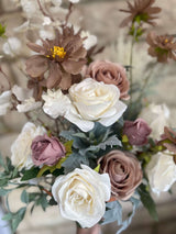 Luxury artificial flower arrangement featuring neutral tones of mocha and creamy ivory blooms, perfect for elegant decor.