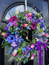 Large purple, pink and blue anemone year round wreath