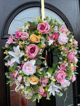 Large Luxury pink and lemon Lily and Rose Year Round Wreath