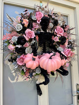 Extra large luxury skeleton Halloween wreath pink and black