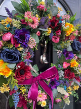 Extra large luxury jewel wreath with vibrant anemones, roses, and a velvet bow, perfect for year-round decor.