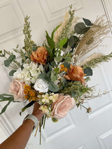 Luxury rustic nude and orange silk, preserved and pampas wedding bouquet collection