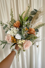 Luxury rustic nude and orange silk, preserved and pampas wedding bouquet collection