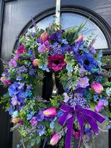 Large purple, pink and blue anemone year round wreath