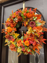 Side view of extra large 60cm luxury artificial autumn pumpkin wreath