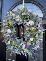 Large 60cm luxury artificial lavender and white wreath with ranunculus, hops, and flocked foliage, perfect for year-round decor.