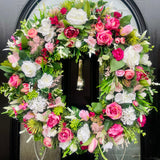 Extra large luxury summer wreath in pink and white, adorned with artificial florals, 60cm, perfect for home decor.