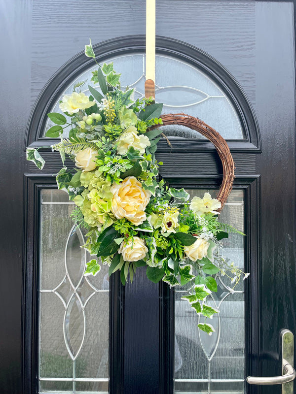 Luxury artificial lemon peony and rose year round half wreath