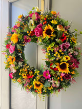 Side view of luxury artificial 60cm summer sunflower wreath