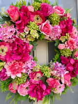 Luxury artificial bright pink and green hydrangea wreath year round
