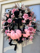 Extra large luxury skeleton Halloween wreath pink and black