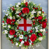 Luxury England decoration wreath with red and white faux flowers and centre England flag