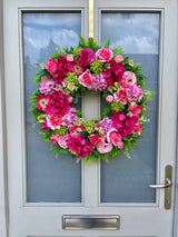 Luxury artificial bright pink and green hydrangea wreath year round