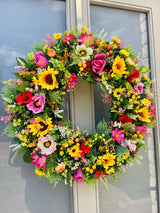 Side view of extra large artificial summer sunflower wreath