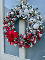 Extra large luxury artificial Christmas wreath snowy white and red