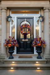60cm autumn wreath with pinecones, pumpkins, berries and roses in shades of purple, plum and orange