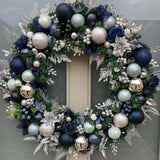 Luxury Christmas wreath with blue and silver florals, baubles and glitz