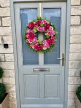 Luxury artificial bright pink and green hydrangea wreath year round