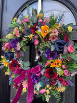 Extra large luxury jewel floral wreath with bright colors and velvet bow, perfect for year-round decor.