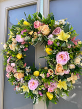 Lemon and Pink Large luxury Spring tulip rose wreath year round