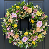 Lemon and Pink Large luxury Spring tulip rose wreath year round