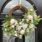 Luxury large ivory and green rose wreath in modern half design, perfect for year-round decor.