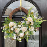 Luxury modern large year round ivory rose wreath with hydrangea, perfect for front door or interior decor.