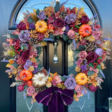 An extra large luxury purple and orange Autumn pumpkin wreath with a velvet burgundy ribbon, high-quality artificial florals, and pumpkins.