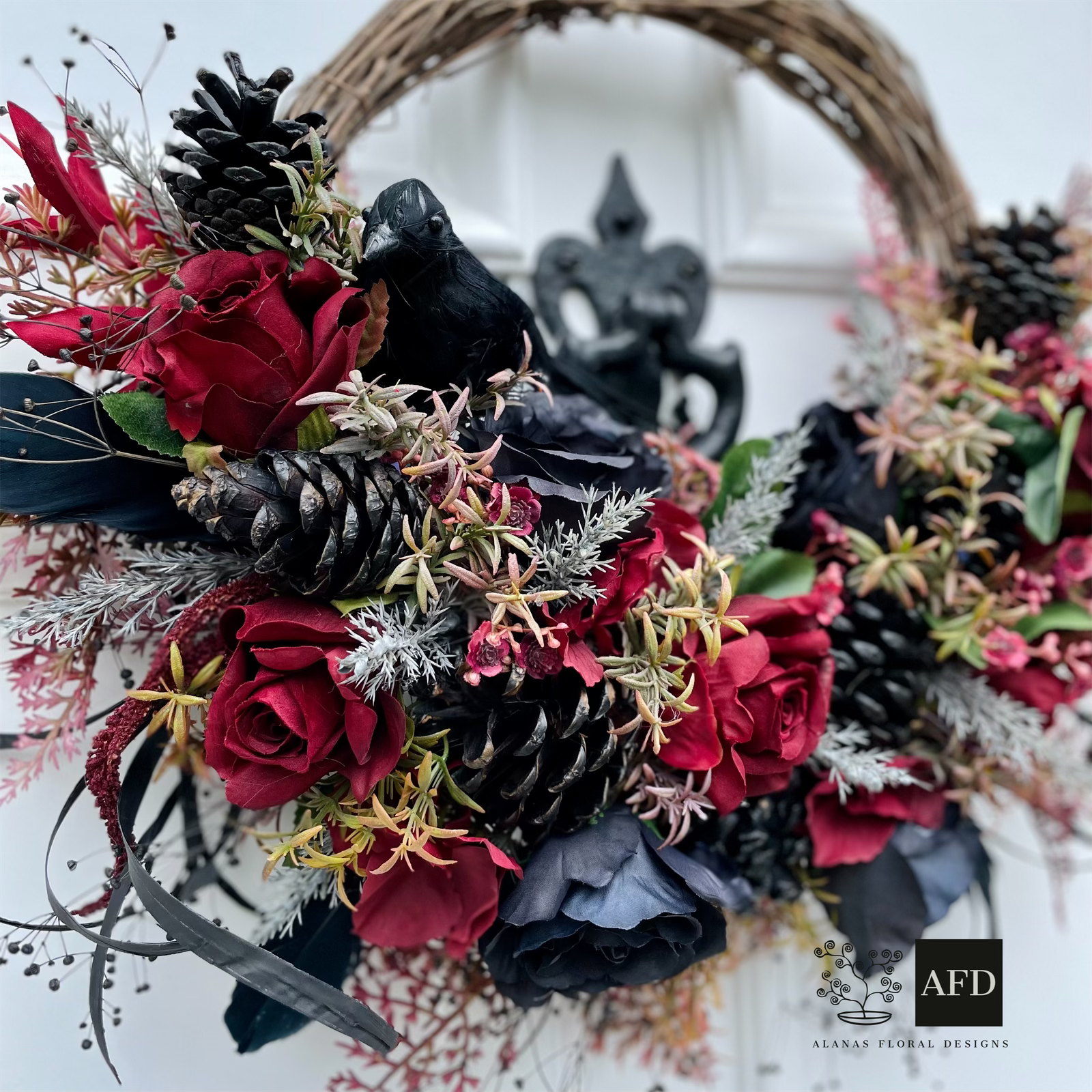 Gothic Luxury Autumn Halloween Raven Wreath Red and Black