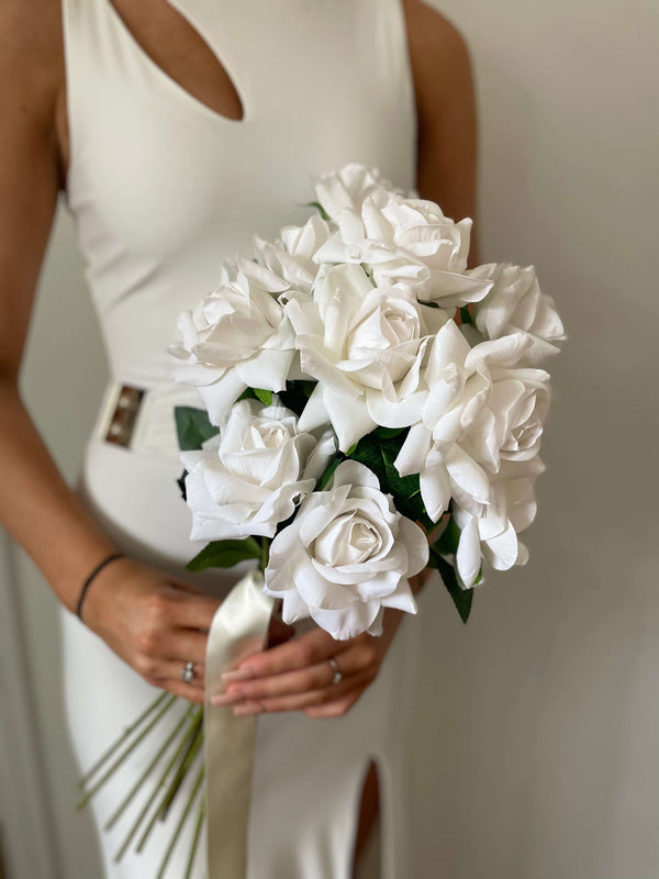 Long stem staggered velvet rose bridal wedding bouquet