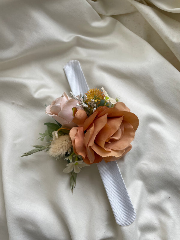 Luxury rustic nude and orange silk, preserved and pampas wedding Wrist corsage
