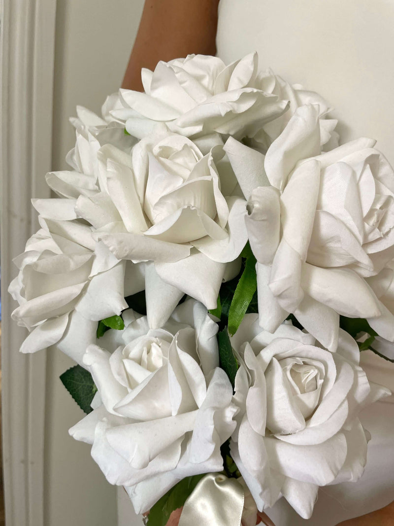 Long stem staggered velvet rose bridal wedding bouquet