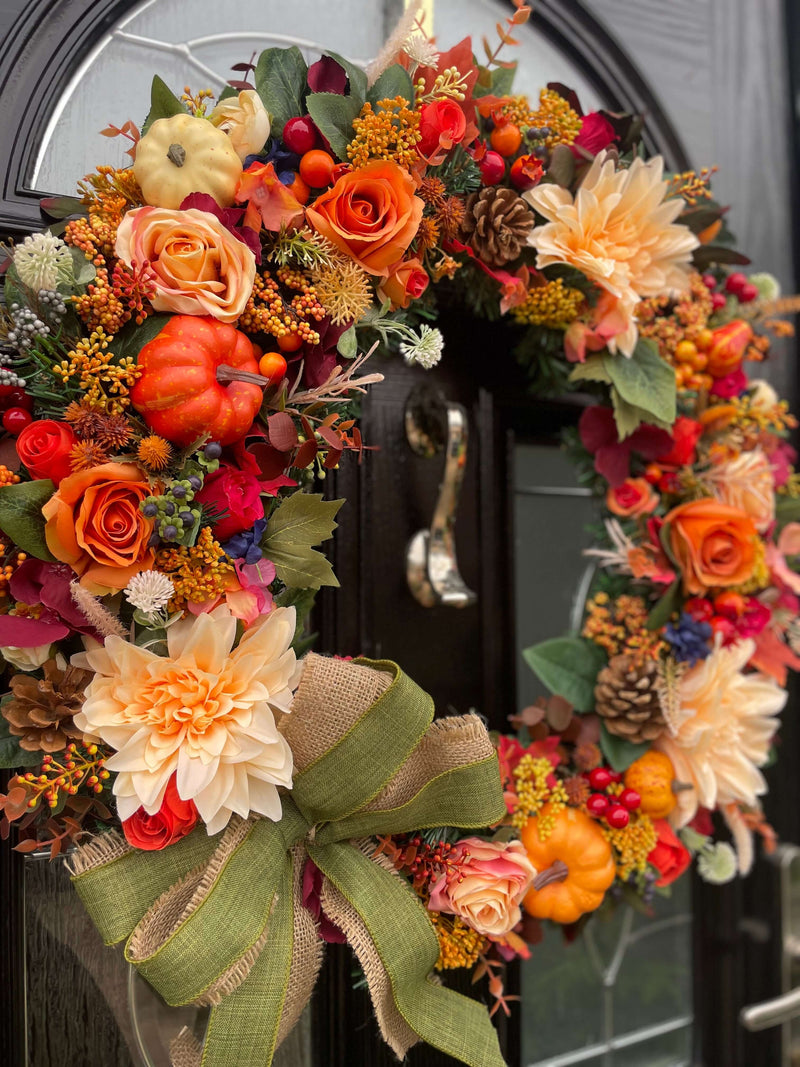 Extra large rustic orange autumn wreath with bow