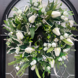 White Tulip wreath for spring. White front door artificial wreath 
