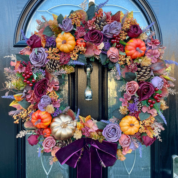 Extra large luxury purple and orange Autumn pumpkin wreath