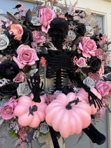 Extra large luxury skeleton Halloween wreath pink and black