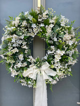 Extra large Luxury Artificial White Baby's Breath with Bow Front Door Wreath Year Round