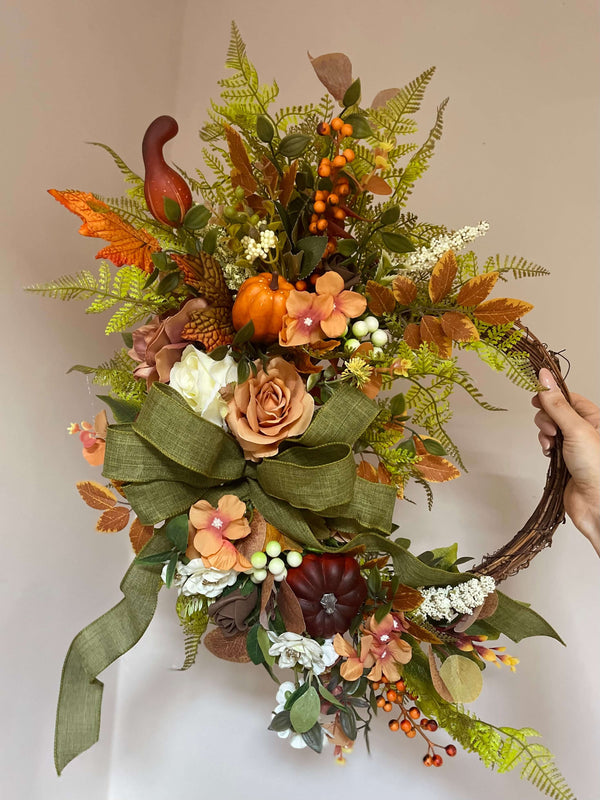 Luxury Rustic Green and Orange Autumn Half Wreath